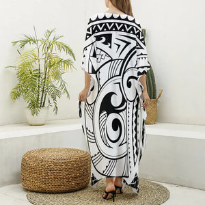 Black And White Maori Pattern Print Silk V-Neck Kaftan Dress