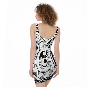 Black And White Maori Pattern Print Sleeveless Bodycon Dress