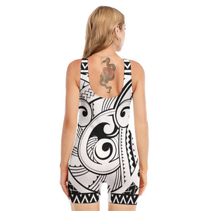 Black And White Maori Pattern Print Sleeveless One Piece Swimsuit