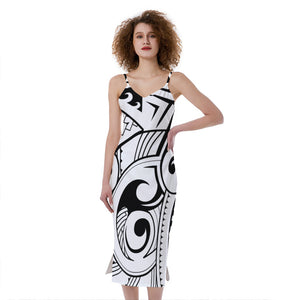 Black And White Maori Pattern Print Slim Fit Midi Cami Dress