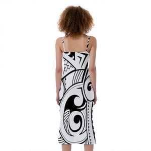 Black And White Maori Pattern Print Slim Fit Midi Cami Dress