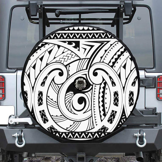 Black And White Maori Pattern Print Tire Cover With Camera Hole