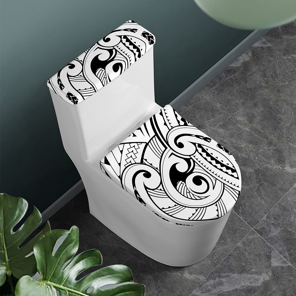 Black And White Maori Pattern Print Toilet Lid And Tank Cover Set