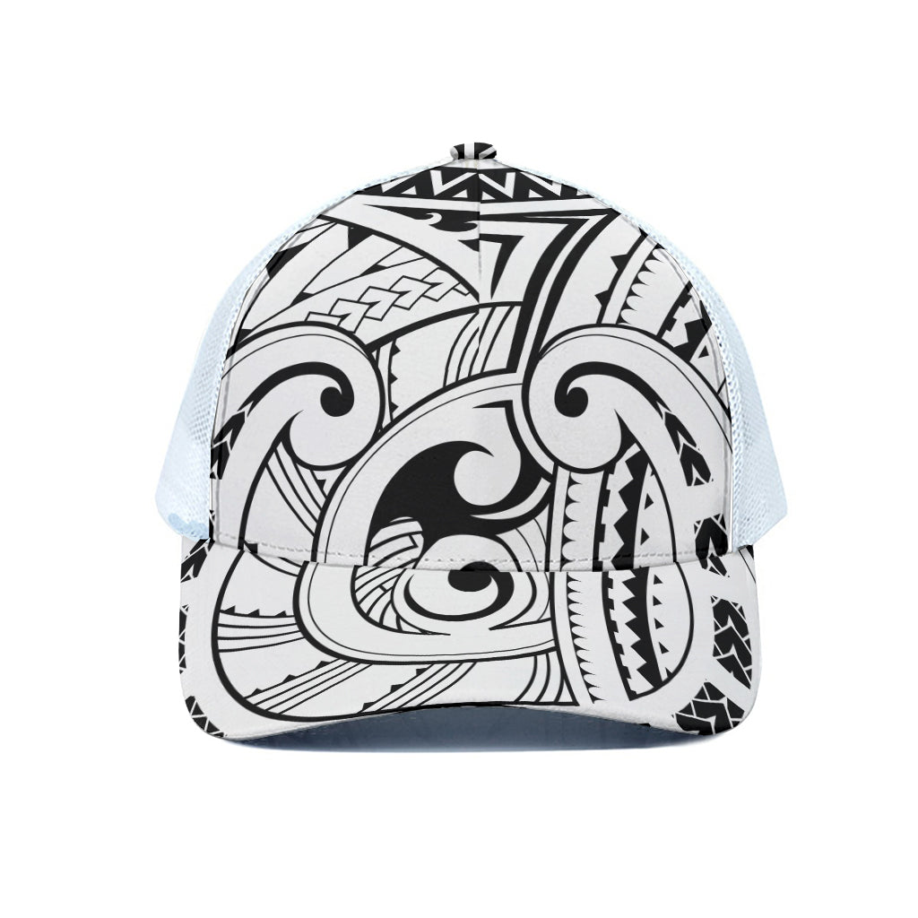 Black And White Maori Pattern Print White Mesh Trucker Cap