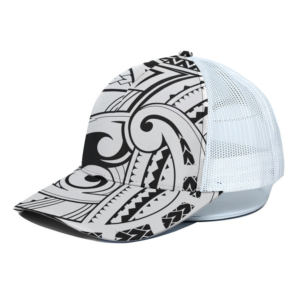 Black And White Maori Pattern Print White Mesh Trucker Cap