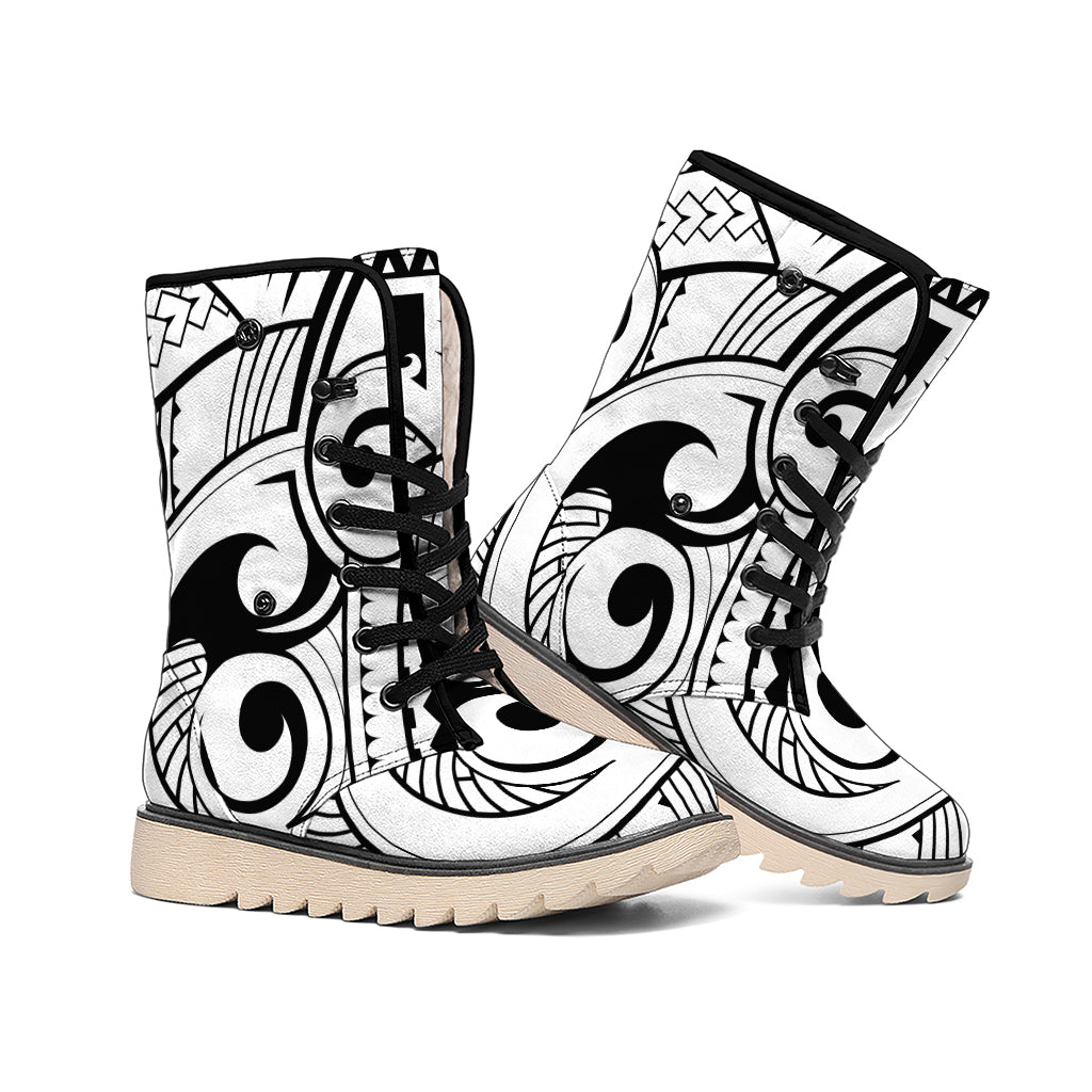 Black And White Maori Pattern Print Winter Boots