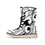 Black And White Maori Pattern Print Winter Boots