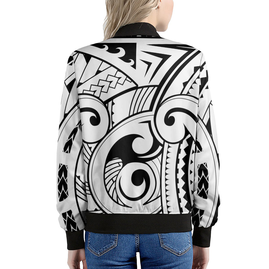 Black And White Maori Pattern Print Women's Bomber Jacket