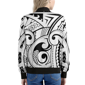 Black And White Maori Pattern Print Women's Bomber Jacket