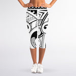 Black And White Maori Pattern Print Women's Capri Leggings