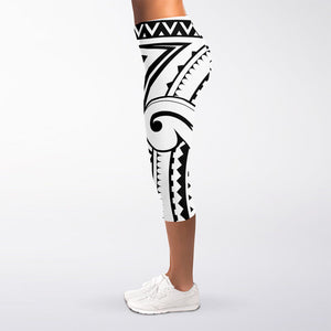 Black And White Maori Pattern Print Women's Capri Leggings