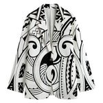 Black And White Maori Pattern Print Women's Cotton Blazer