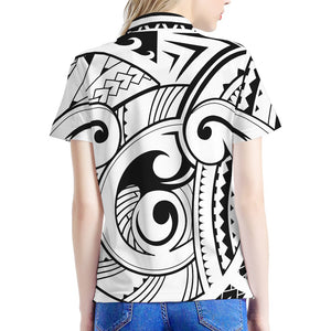 Black And White Maori Pattern Print Women's Polo Shirt