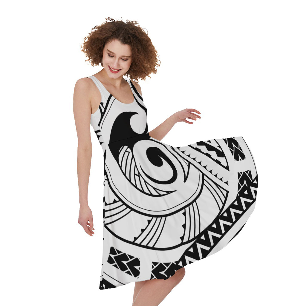 Black And White Maori Pattern Print Women's Sleeveless Dress