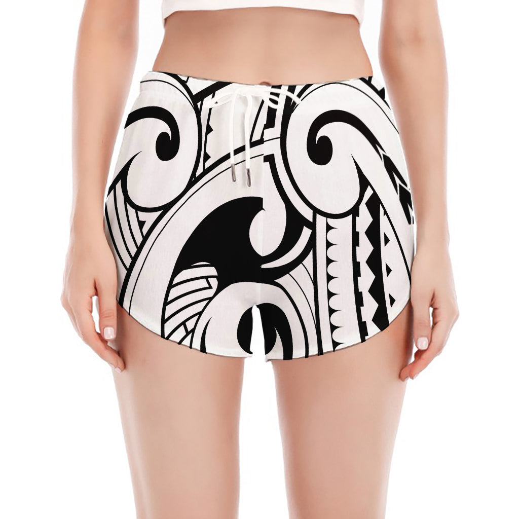 Black And White Maori Pattern Print Women's Split Running Shorts