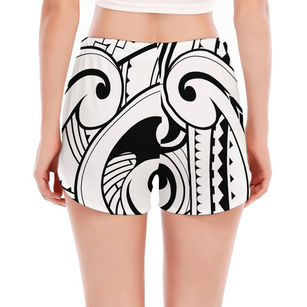 Black And White Maori Pattern Print Women's Split Running Shorts