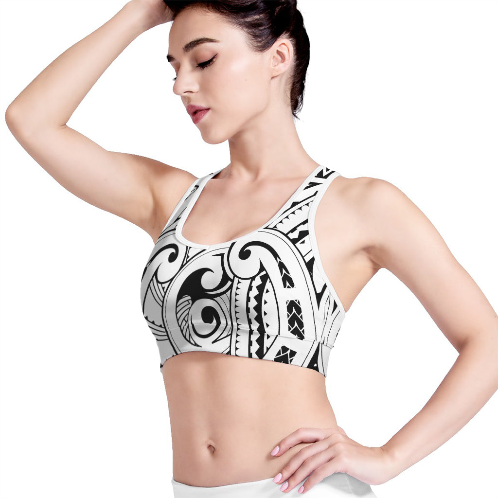 Black And White Maori Pattern Print Women's Sports Bra