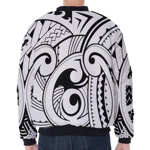 Black And White Maori Pattern Print Zip Sleeve Bomber Jacket