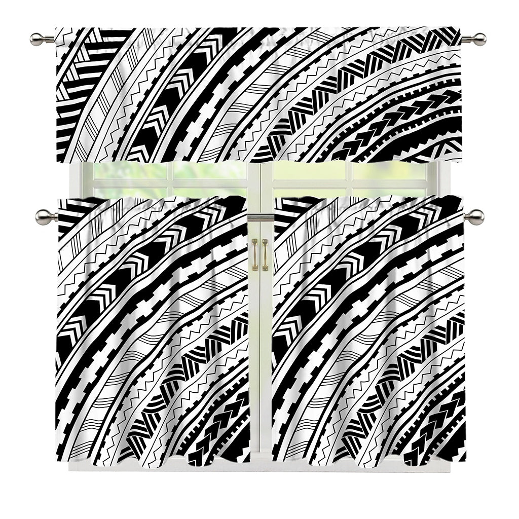 Black And White Maori Polynesian Print 3 Piece Kitchen Curtains