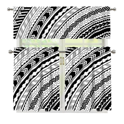 Black And White Maori Polynesian Print 3 Piece Kitchen Curtains