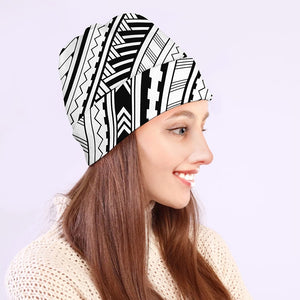 Black And White Maori Polynesian Print Beanie