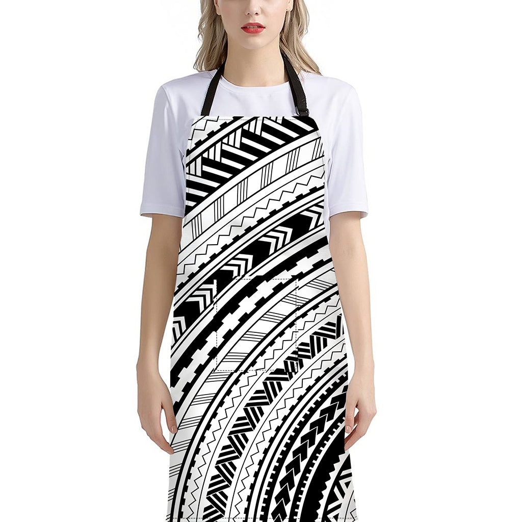 Black And White Maori Polynesian Print Bib Apron With Pocket