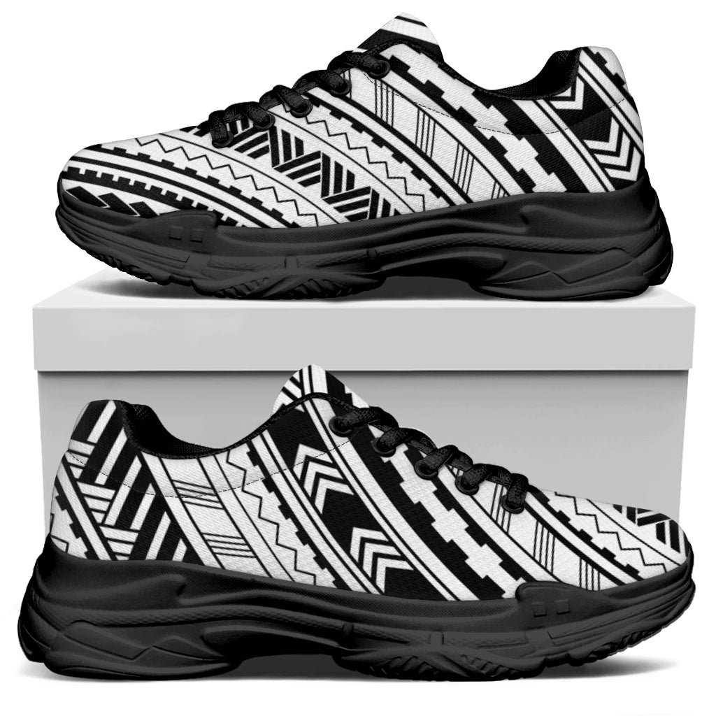 Black And White Maori Polynesian Print Black Chunky Shoes