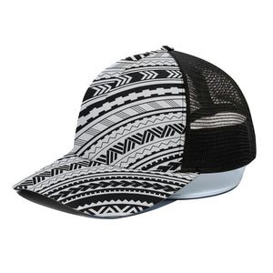 Black And White Maori Polynesian Print Black Mesh Trucker Cap