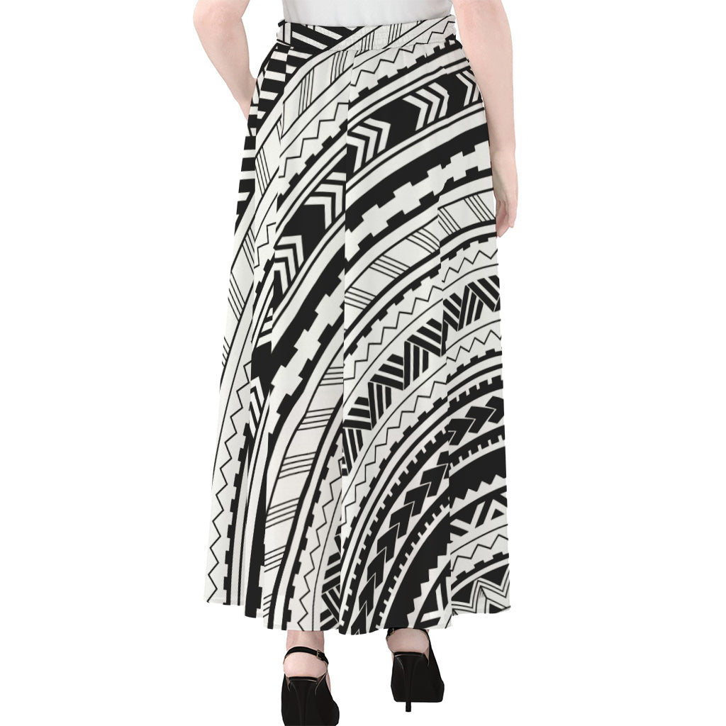 Black And White Maori Polynesian Print Chiffon Maxi Skirt