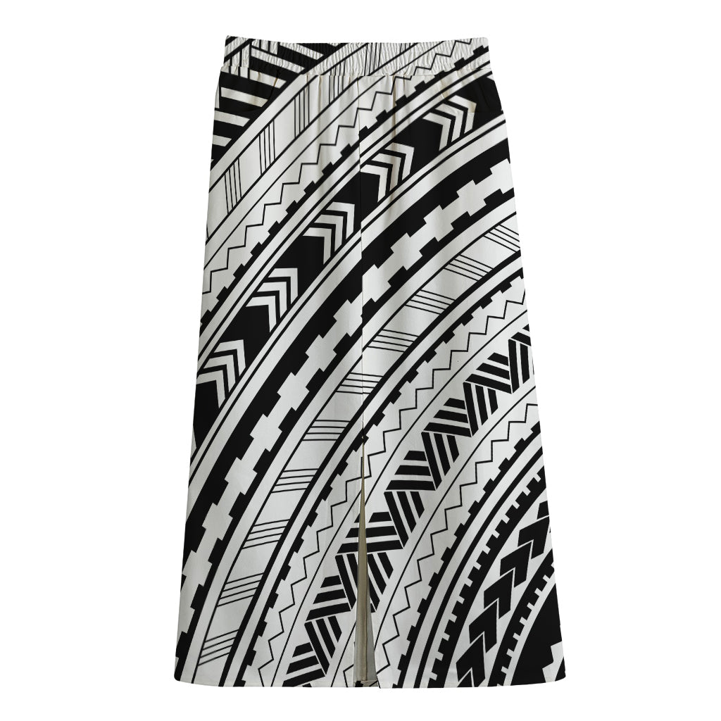 Black And White Maori Polynesian Print Cotton Front Slit Maxi Skirt