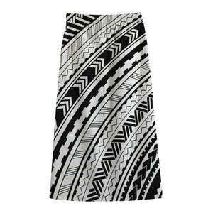 Black And White Maori Polynesian Print Cotton Front Slit Maxi Skirt