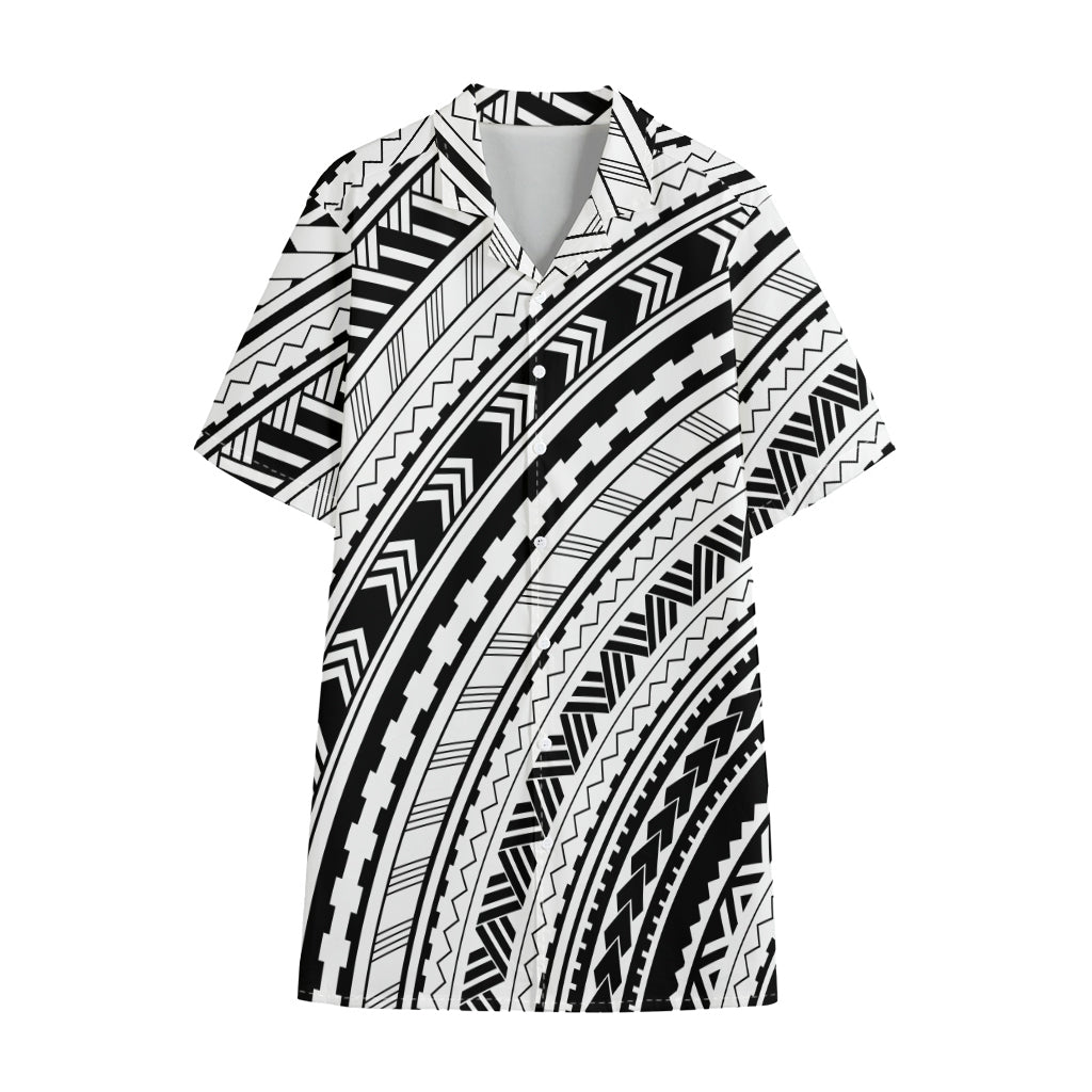 Black And White Maori Polynesian Print Cotton Hawaiian Shirt