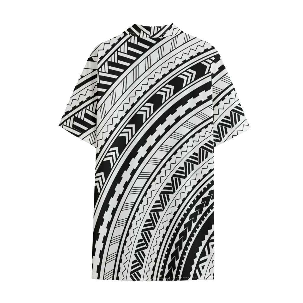 Black And White Maori Polynesian Print Cotton Hawaiian Shirt