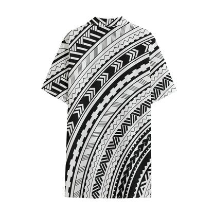 Black And White Maori Polynesian Print Cotton Hawaiian Shirt