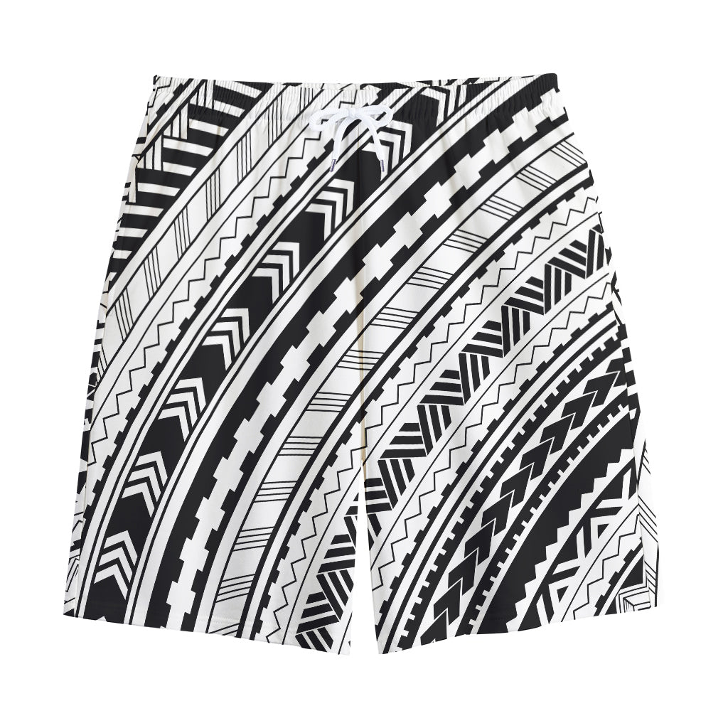 Black And White Maori Polynesian Print Cotton Shorts