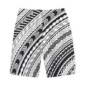 Black And White Maori Polynesian Print Cotton Shorts