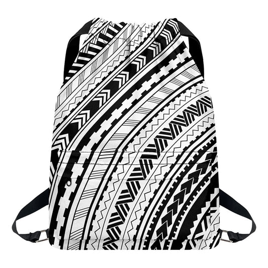 Black And White Maori Polynesian Print Drawstring Backpack