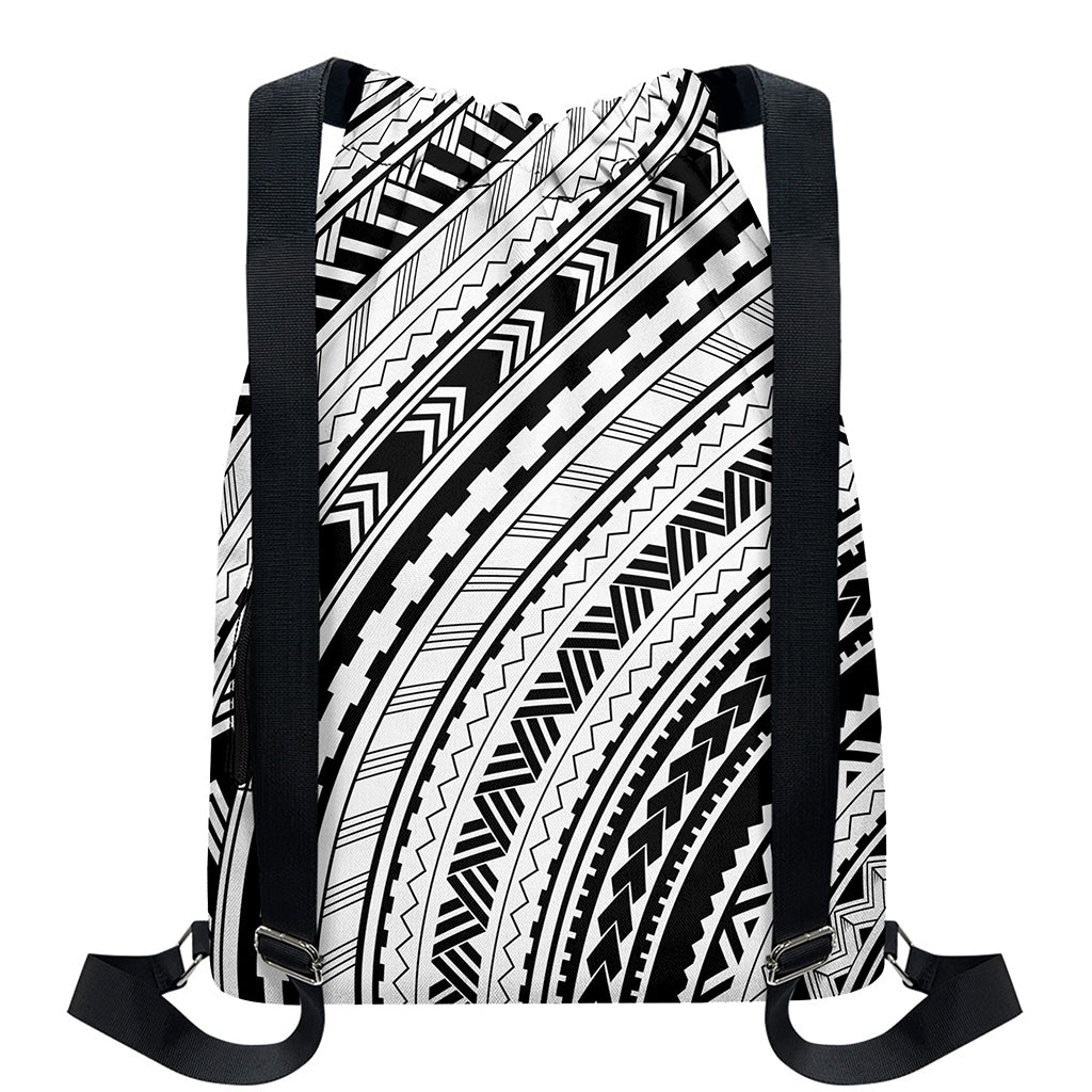 Black And White Maori Polynesian Print Drawstring Backpack