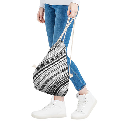 Black And White Maori Polynesian Print Drawstring Bag