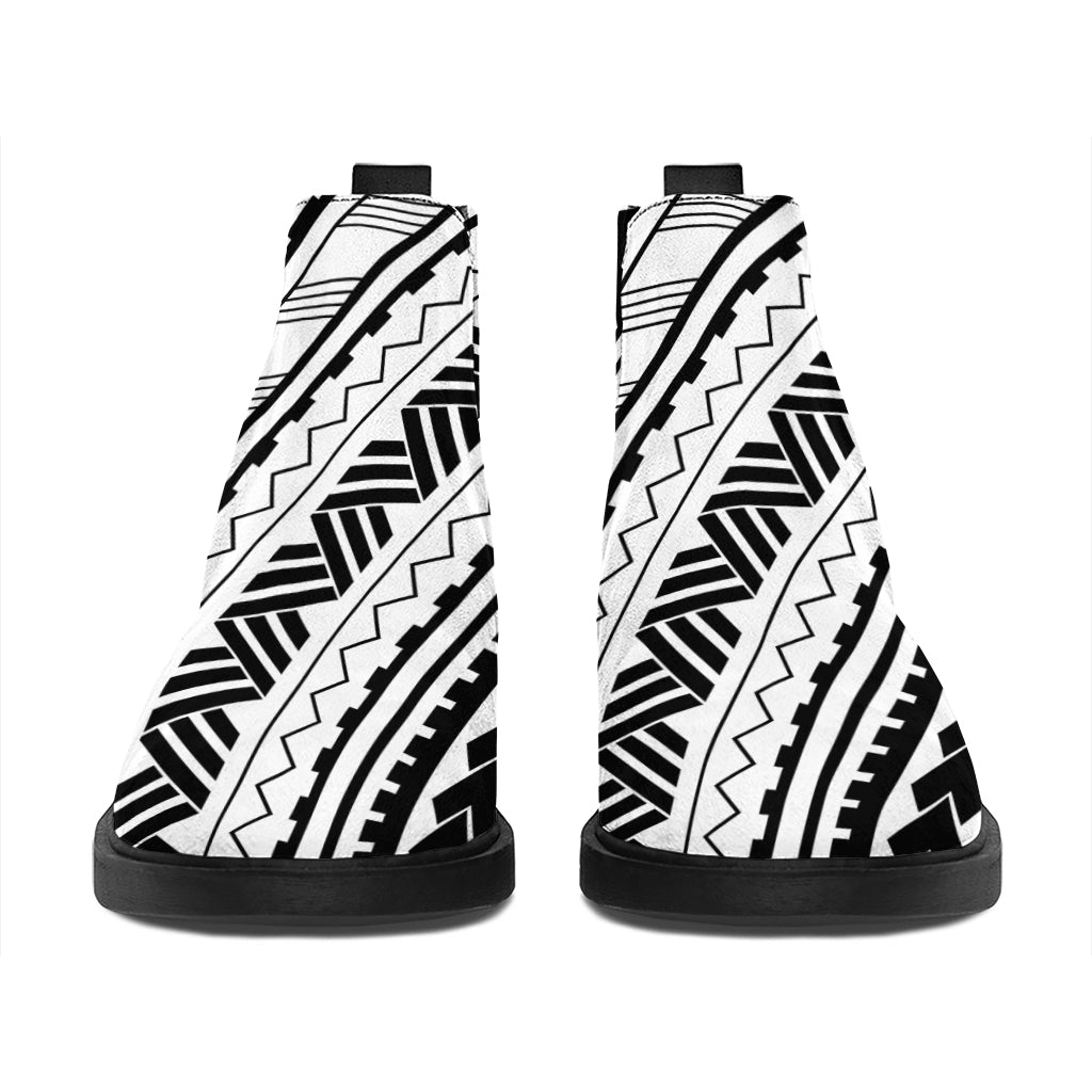 Black And White Maori Polynesian Print Flat Ankle Boots