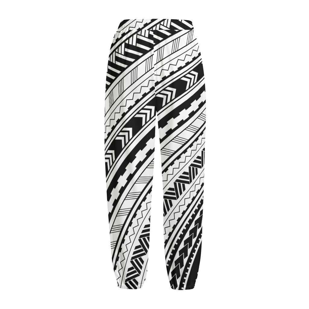 Black And White Maori Polynesian Print Fleece Lined Knit Pants