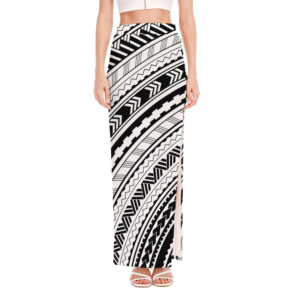 Black And White Maori Polynesian Print High Slit Maxi Skirt