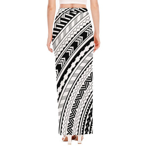 Black And White Maori Polynesian Print High Slit Maxi Skirt