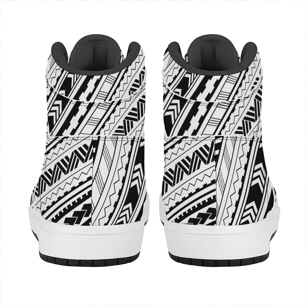 Black And White Maori Polynesian Print High Top Leather Sneakers