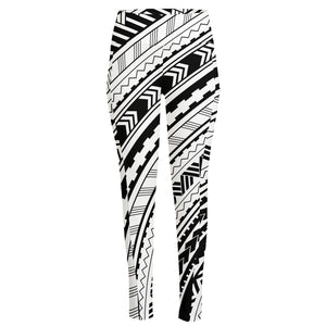 Black And White Maori Polynesian Print High-Waisted Pocket Leggings