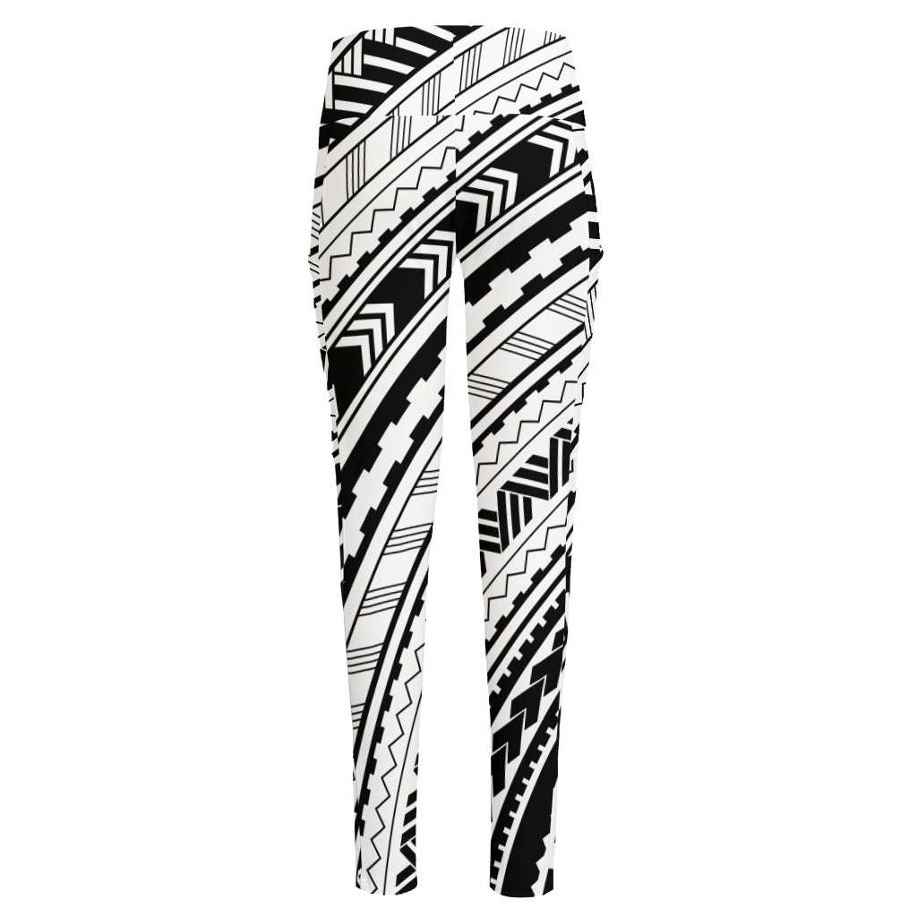 Black And White Maori Polynesian Print High-Waisted Pocket Leggings