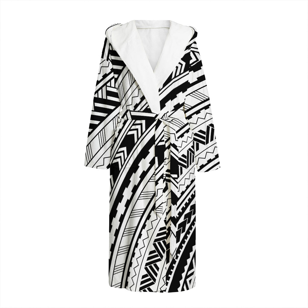 Black And White Maori Polynesian Print Hooded Bathrobe