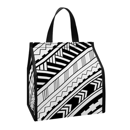 Black And White Maori Polynesian Print Insulated Lunch Tote