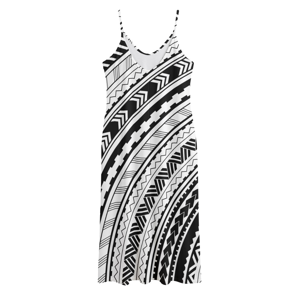 Black And White Maori Polynesian Print Jersey Midi Cami Dress