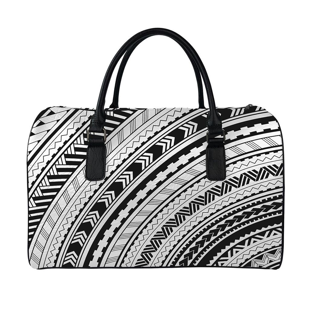Black And White Maori Polynesian Print Leather Duffle Bag